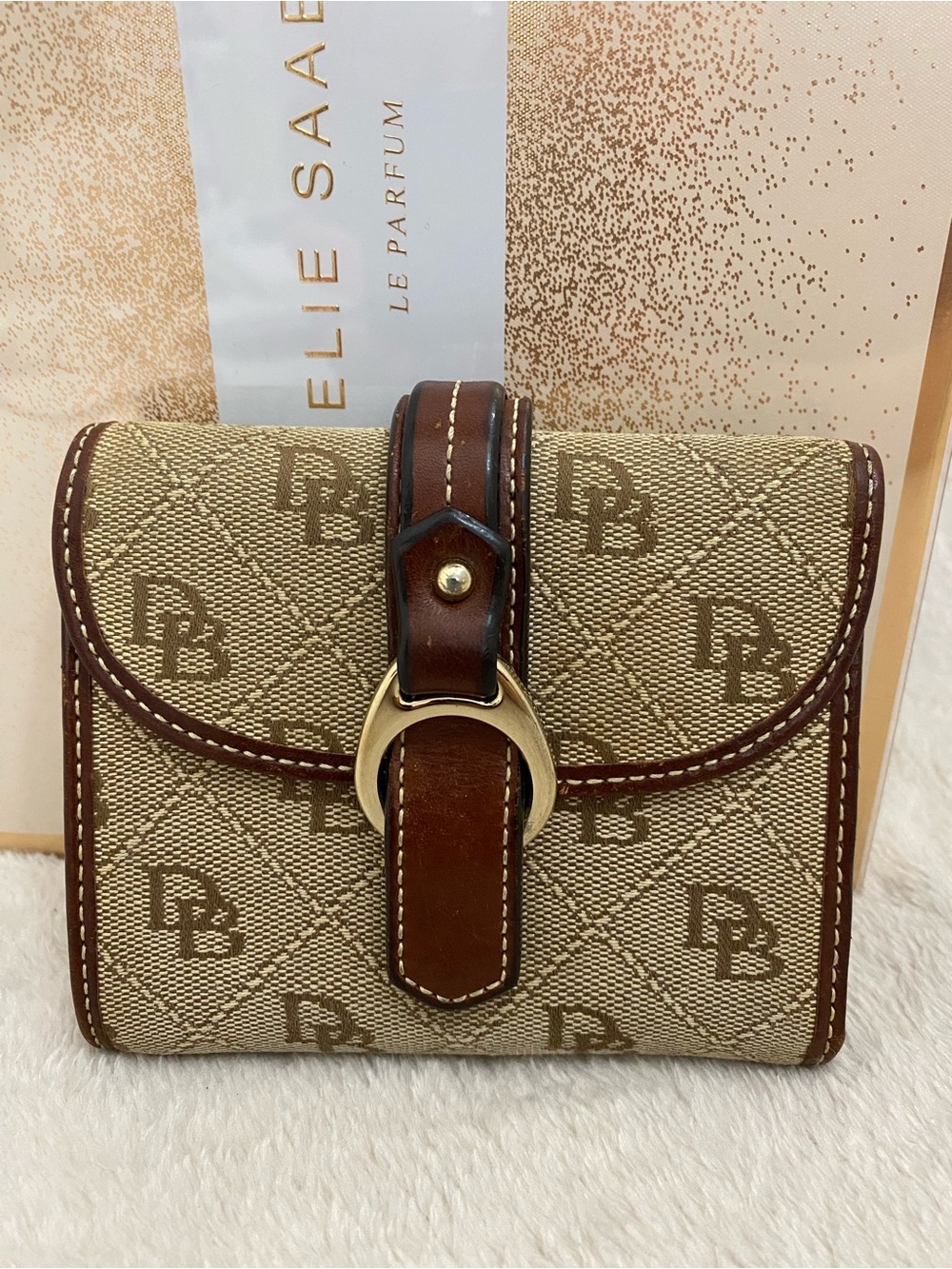 Dooney & Bourke Beige Monogram Canvas Wallet with Brown Leather Strap
